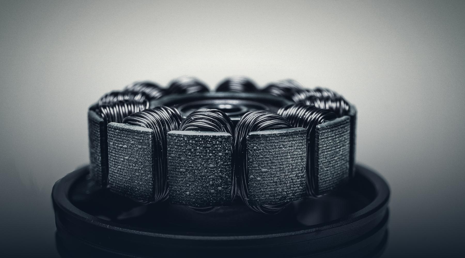 Close-up of a small brushless motor stator with concentrated windings
